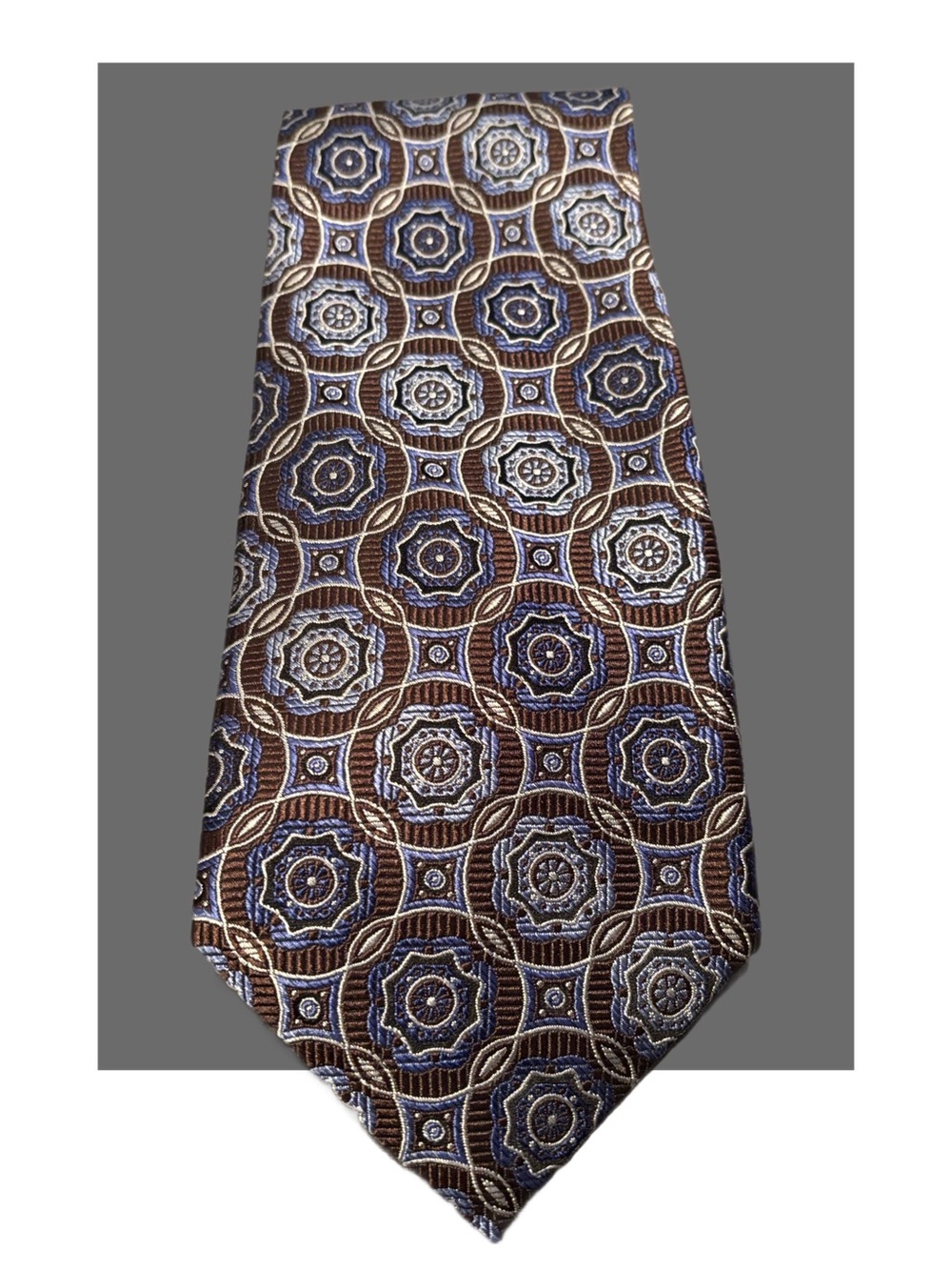 Vintage  Pronto UOMO Brown  Silk Tie with Blue Geometric Medallion Pattern
